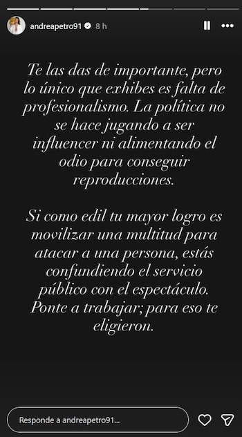 Andrea Petro señaló que el debate político no debería convertirse en una estrategia basada en ataques personales - crédito @andreapetro91/Instagram
