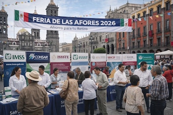 Vista general de la Feria de las AFORES 2026 en el centro de Puebla, con personas interactuando en módulos informativos de instituciones públicas y edificios coloniales al fondo.