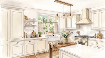 Ilustración en acuarela de una cocina con muebles blancos, fregadero junto a una ventana, campana extractora y una isla de madera con flores.