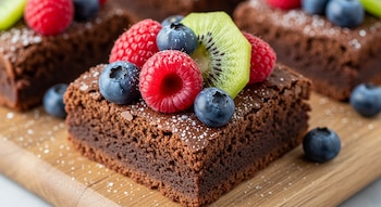 Primer plano de un brownie saludable sin harina ni horno, decorado con frambuesas, arándanos y kiwi, espolvoreado con azúcar glas.