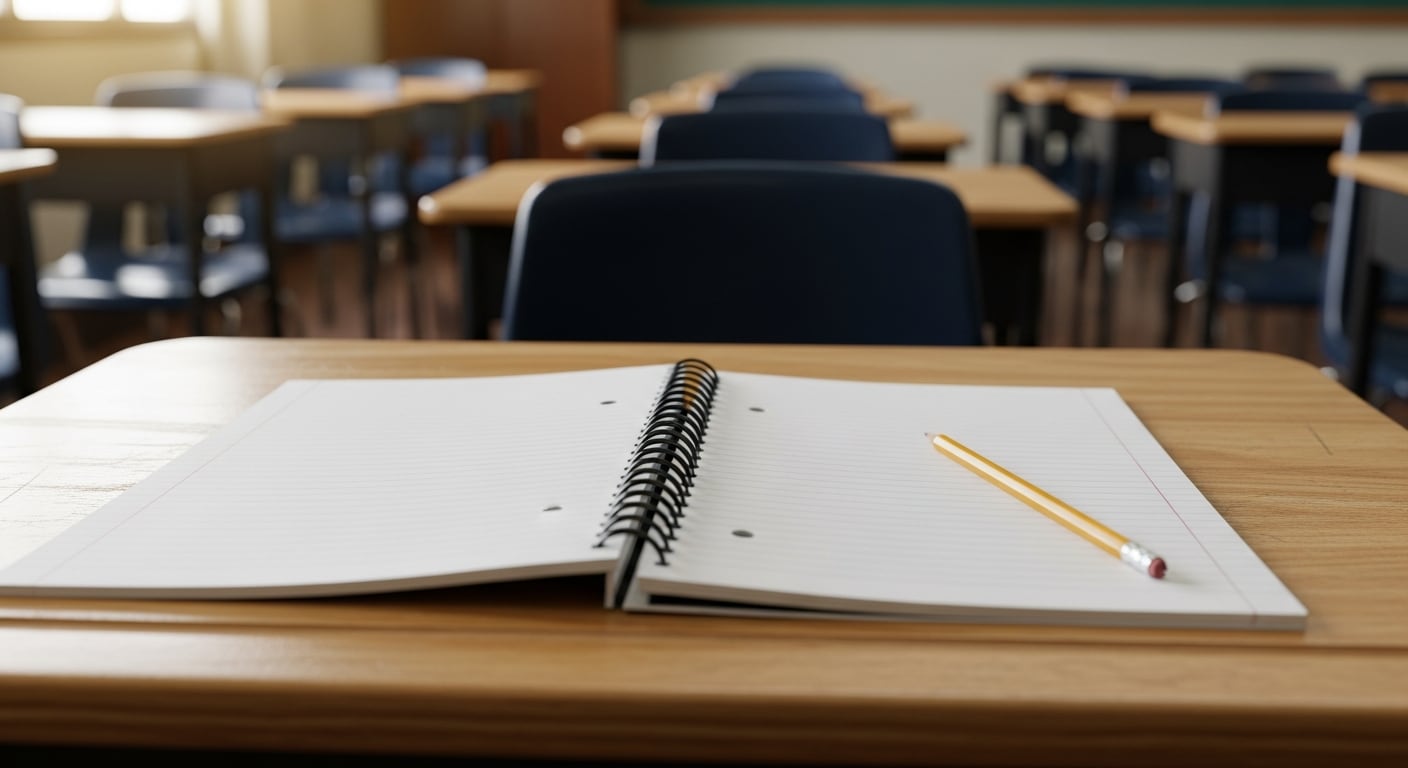 Un cuaderno abierto y un lápiz sin usar yacen sobre un pupitre vacío en un aula de una escuela pública de California, con más escritorios desocupados al fondo. (Imagen Ilustrativa Infobae)