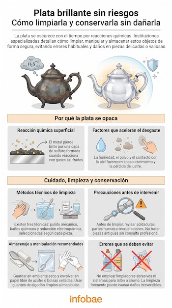 Infografía con una tetera de plata opaca y otra reluciente, diagramas de reacciones químicas, limpieza, almacenamiento y acciones a evitar.