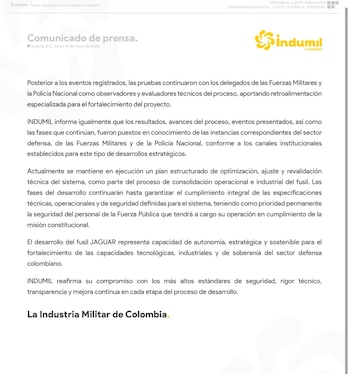 La etapa de validación del modelo nacional evidenció deficiencias que ocasionaron atención médica para uno de los probadores, en medio de la estrategia de reducción de dependencia de tecnología extranjera - crédito Indumil