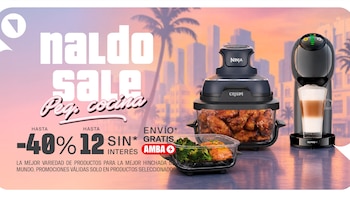 Freidora de aire Ninja Crispi con alitas de pollo, cafetera Genio S con café latte y plato con salmón y brócoli. Fondo urbano y texto