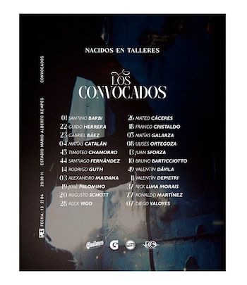 Póster digital oscuro con título "Los Convocados" y lista de jugadores con números. Incluye fecha, hora, Estadio Mario Alberto Kempes y logos de patrocinadores