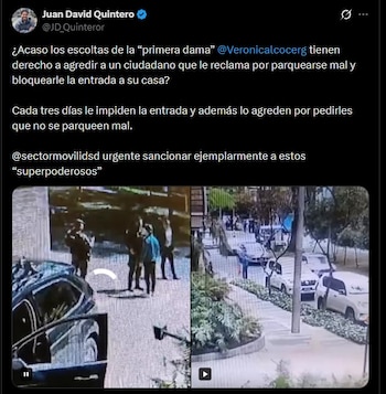 El concejal Juan David Quintero denunció en redes sociales que un ciudadano habría sido agredido por escoltas de Verónica Alcocer tras reclamar por un vehículo que, según afirmó, bloqueaba la entrada a su vivienda - crédito Juan David Quintero/X
