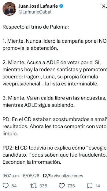 Juan José Lafaurie desafió a Paloma Valencia y denunció supuesta manipulación en el Centro Democrático - crédito @LafaurieCabal/X