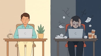 Ilustración dividida de un hombre trabajando tranquilo a la izquierda y el mismo hombre agobiado entre papeles a la derecha.