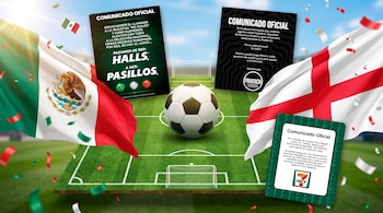 Un collage con banderas de México e Inglaterra, una cancha de fútbol con un balón, y tres tarjetas con comunicados oficiales de marcas.