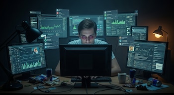 Hombre con ojos enrojecidos frente a un escritorio con seis pantallas de computadora, latas de bebida energética, una taza de café y envoltorios de alimentos.
