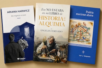 Tres libros con distintas portadas impresas se encuentran colocados uno al lado del otro sobre una superficie de tono beige.