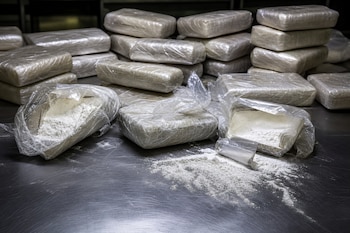 Paquetes de plástico con polvo blanco en su interior y derramado sobre una mesa metálica.