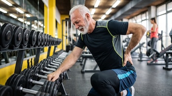 Hombre canoso y barbudo con camiseta oscura y pantalón deportivo se agacha en un gimnasio junto a mancuernas, tocándose la espalda con expresión de dolor.