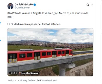 El congresista electo Daniel F. Briceño lanzó una crítica al presidente Petro tras evidenciar el avance en las obras del metro de Bogotá - crédito @Danielbricen/X