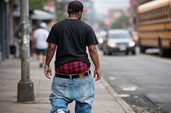 Los pantalones caídos generaron debates y leyes en ciudades de Estados Unidos por considerarse una moda irrespetuosa y polémica (Imagen Ilustrativa Infobae)