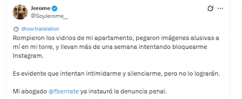 Esta fue la denuncia de Jerome Sanabria sobre actos de intimidación en su contra - crédito @SoyJerome__/X