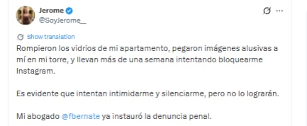 Esta fue la denuncia de Jerome Sanabria sobre actos de intimidación en su contra - crédito @SoyJerome__/X