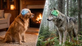 Imagen dividida. A la izquierda, un perro golden retriever con un cerebro azul brillante en una sala. A la derecha, un lobo gris con un cerebro verde brillante en un bosque. Ambos se miran.