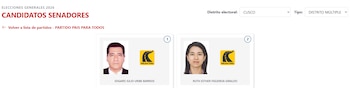 Imágenes de los candidatos Edgardo Julio Uribe Barrios y Ruth Esther Figueroa Giraldo del Partido País Para Todos, postulando al Senado por Cusco en 2026