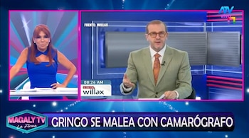 Captura de pantalla dividida con Magaly Medina a la izquierda y Augusto Thorndike a la derecha durante una transmisión de televisión
