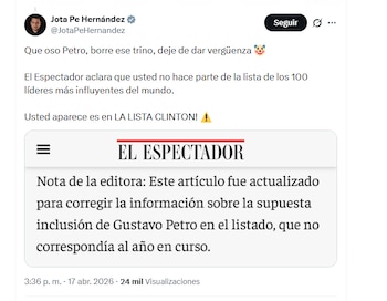 El congresista Jota Pe Hernández criticó al presidente Petro por asegurar que está incluido en la lista de las 100 personas más influyentes de la revista Time - crédito @JotaPeHernandez/X