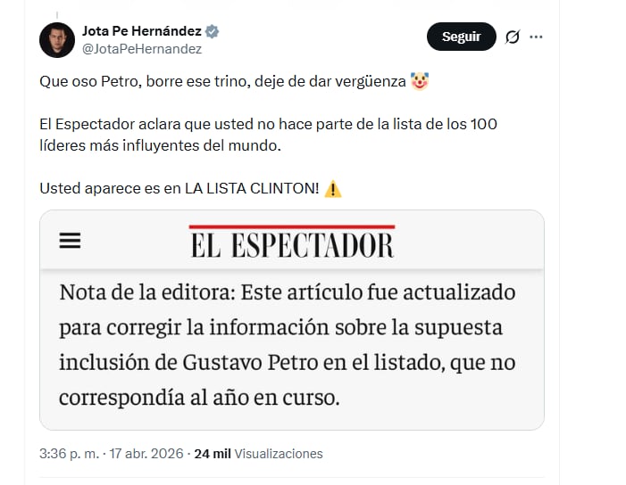 El congresista Jota Pe Hernández criticó al presidente Petro por asegurar que está incluido en la lista de las 100 personas más influyentes de la revista Time - crédito @JotaPeHernandez/X