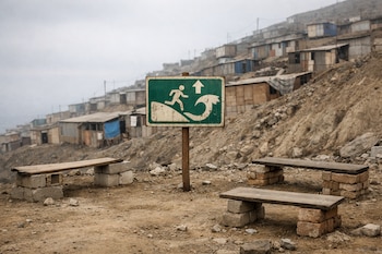 Señal de evacuación con persona corriendo y ola, flecha ascendente. Dos bancos de bloques y tabla. Cerro con casas informales y explanada de tierra bajo cielo nublado.