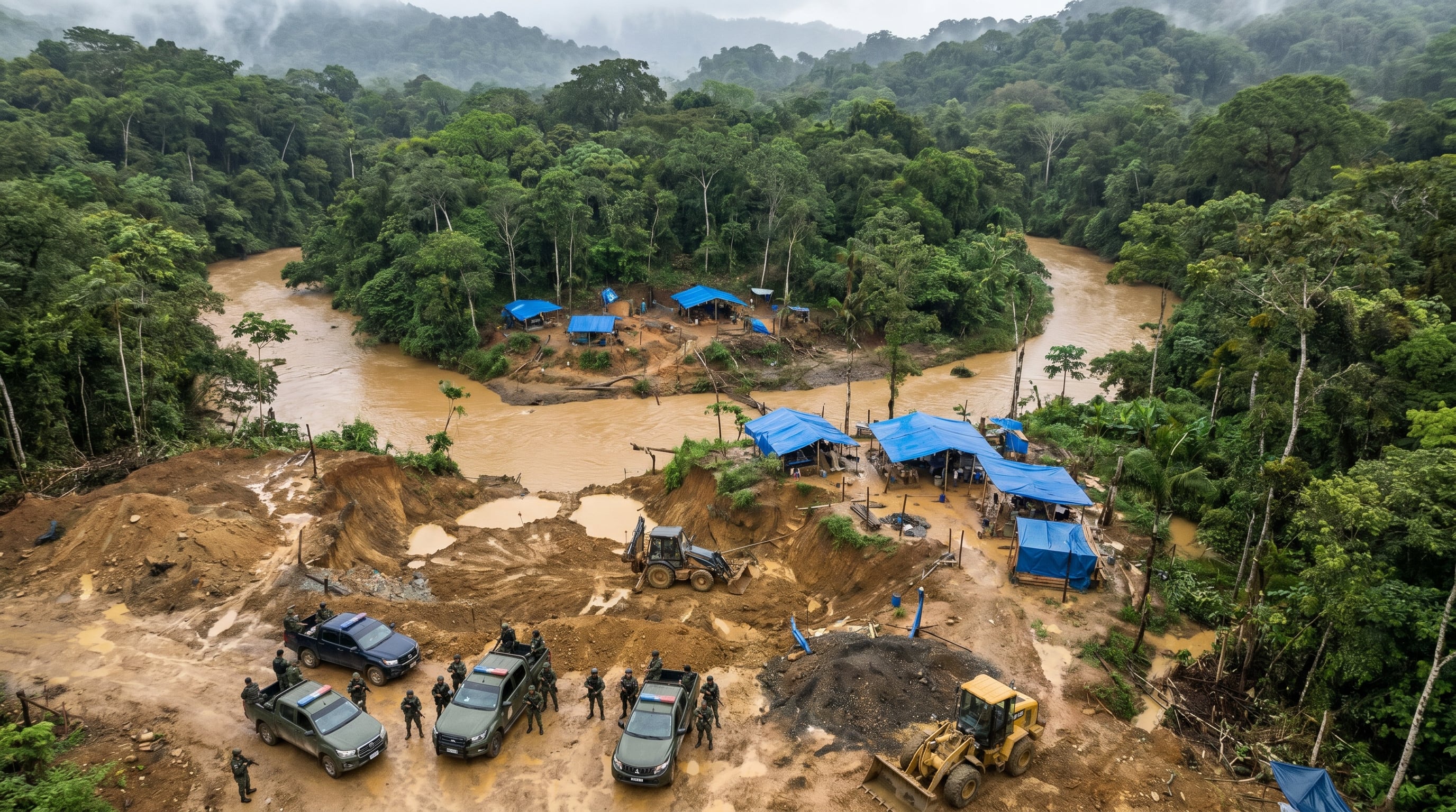 Fuerzas de seguridad intervienen una operación de minería ilegal en una remota zona selvática de Costa Rica, desmantelando campamentos y maquinaria pesada vinculada al crimen organizado y la degradación ambiental. (Imagen Ilustrativa Infobae)