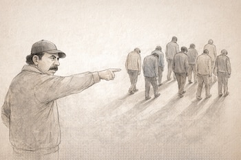 Ilustración de un hombre con gorra y bigote señalando a la derecha a un grupo de nueve personas de espaldas que caminan con la cabeza baja sobre un fondo beige.