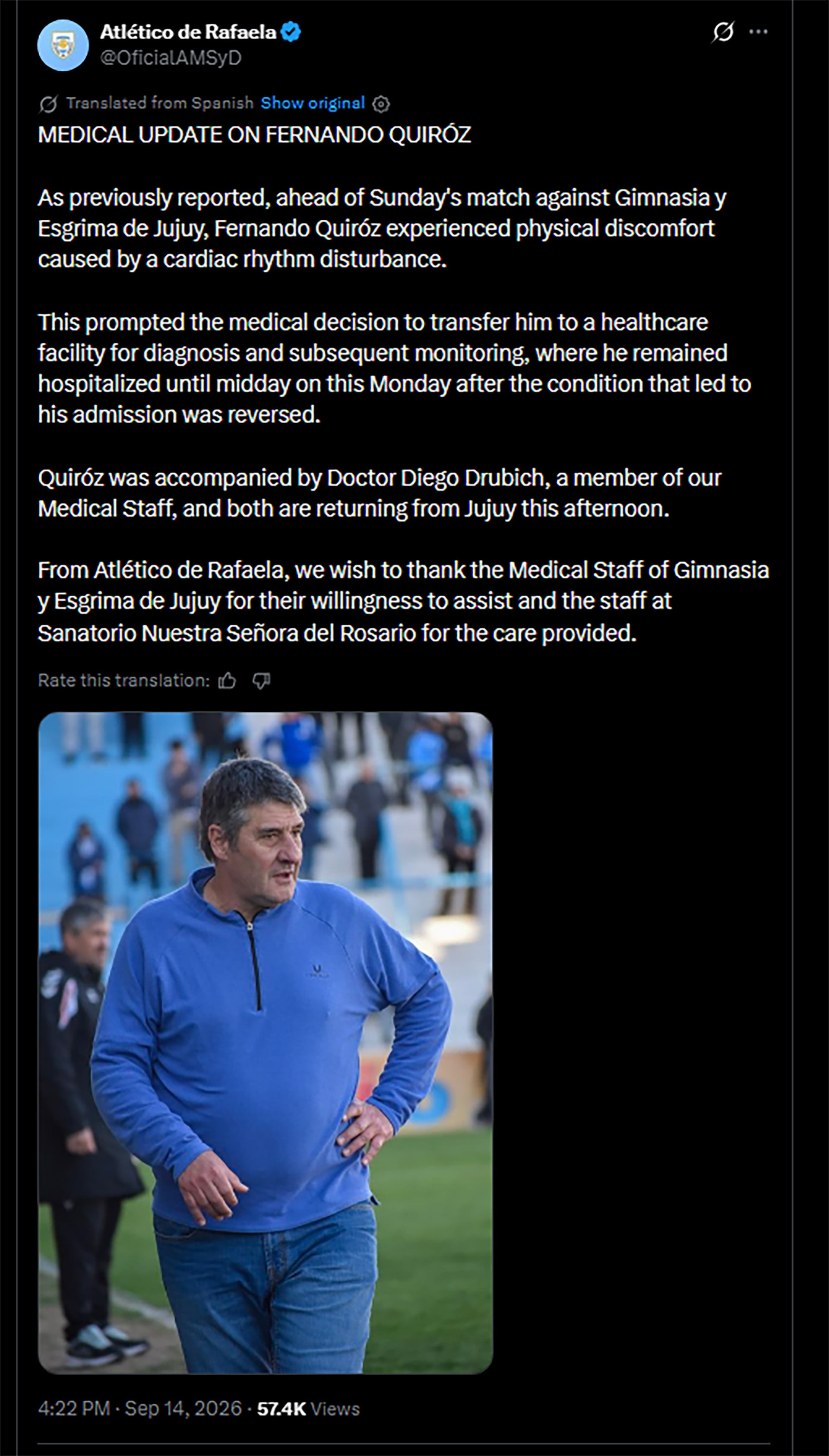 El club Atlético de Rafaela publica un informe médico sobre la evolución de Fernando Quiróz tras una alteración cardíaca en Jujuy.