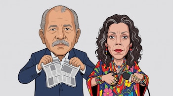 Caricatura de Daniel Ortega con un periódico roto y Rosario Murillo con tijeras y un micrófono sobre un fondo gris.