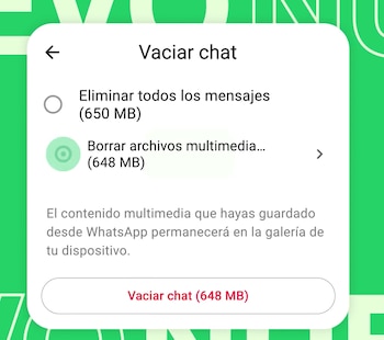 Captura de pantalla de interfaz de aplicación móvil con menú 'Vaciar chat', opciones para eliminar mensajes (650 MB) y borrar archivos multimedia (648 MB)