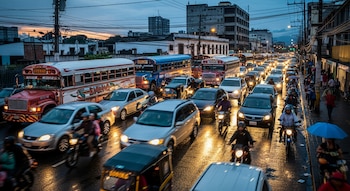 Una calle con tráfico intenso de autobuses, automóviles, motocicletas y un tuk-tuk al atardecer en una ciudad. Peatones caminan en la acera y las luces se reflejan en el pavimento.