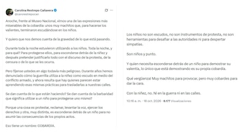La directora del Icbf, Carolina Restrepo, denunció el presunto uso de menores de edad durante los enfrentamientos registrados cerca del Museo Nacional - crédito @carorestrepocan/X