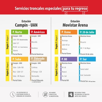 Rutas exclusivas de Transmilenio desde El Campín – UAN y Movistar Arena operarán durante la madrugada tras el concierto de Nicky Jam - crédito Transmilenio