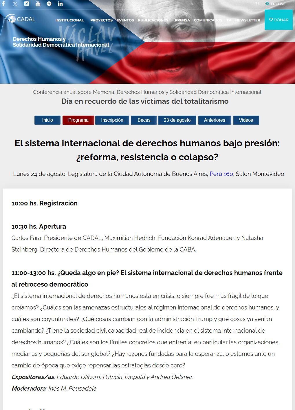 La invitación original de CADAL del programa de la conferencia anual sobre derechos humanos y democracia en la Legislatura de la Ciudad Autónoma de Buenos Aires. (Infobae América)