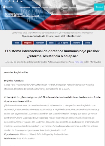 Captura de pantalla del sitio web de CADAL que muestra el programa de la conferencia sobre el sistema internacional de derechos humanos