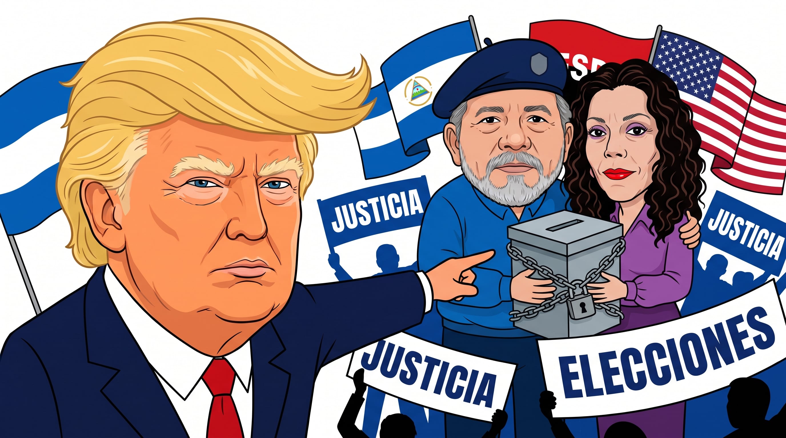 Una ilustración presenta a Donald Trump señalando a Daniel Ortega y Rosario Murillo junto a una urna encadenada y pancartas de protesta. (Imagen Ilustrativa Infobae)