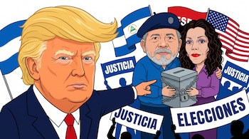 Caricatura de Donald Trump señalando a Daniel Ortega y Rosario Murillo con una urna encadenada, banderas y pancartas.