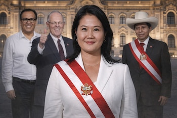 Keiko Fujimori con banda presidencial, delante de Roberto Sánchez, Pedro Pablo Kuczynski, Pedro Castillo con banda presidencial y el Palacio de Gobierno de Perú.