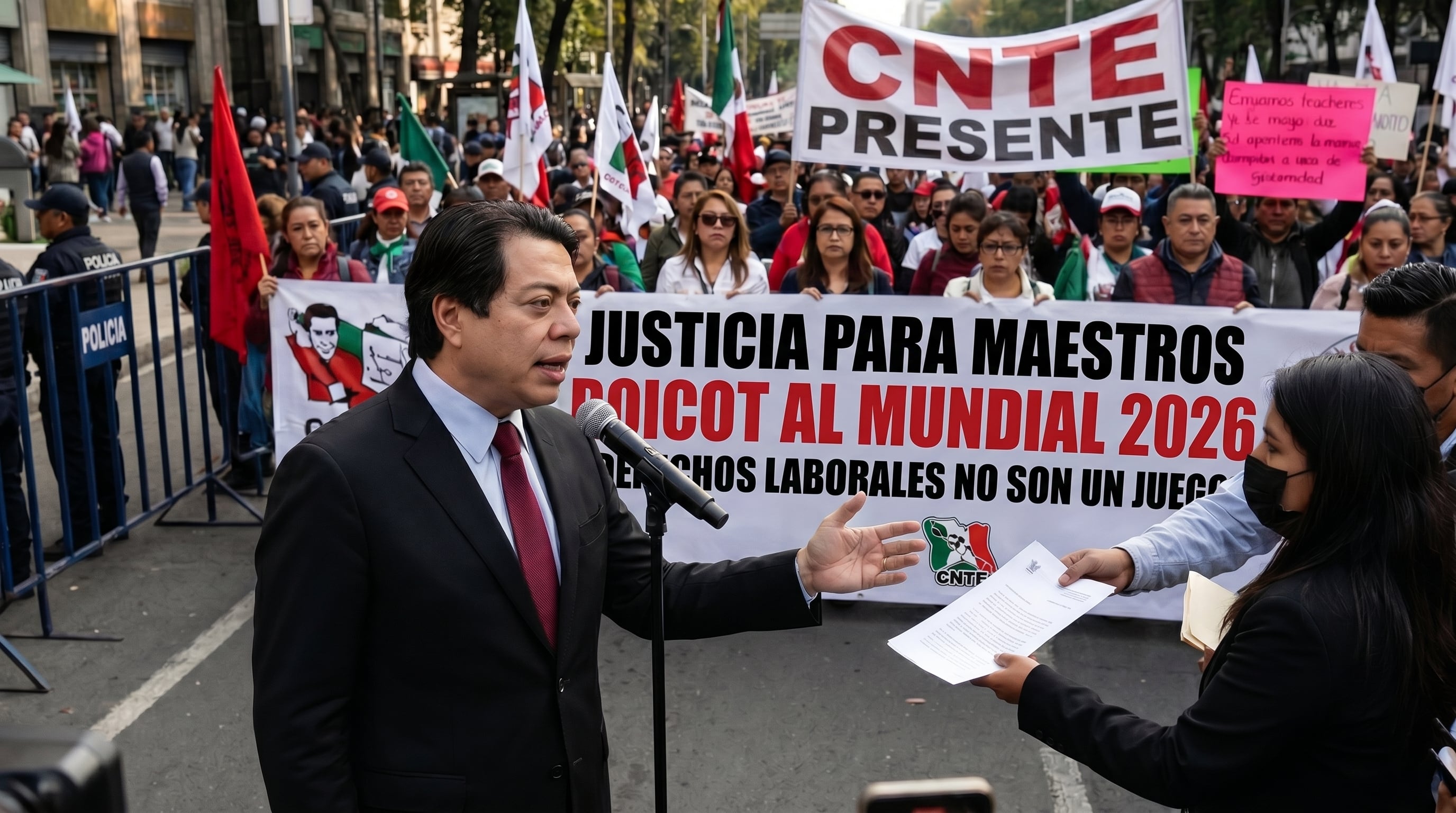 Mario Delgado, líder de Morena, recibe un pliego petitorio de la CNTE durante una manifestación en la Ciudad de México, donde los maestros amenazan con protestas durante el Mundial 2026. (Imagen Ilustrativa Infobae)