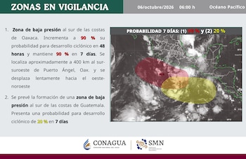Mapa satelital con áreas marcadas en rojo y amarillo frente a México y Centroamérica, acompañado de texto del Servicio Meteorológico Nacional