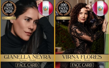 Imagen dividida. Izquierda: Gianella Neyra, logo 'The 100 Most Beautiful Faces 2026', '2nd Nomination', bandera de Perú. Derecha: Virna Flores, logo, '2nd Nomination', bandera