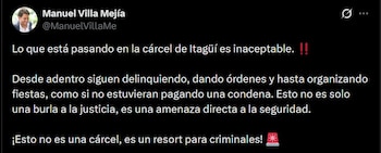 Manuel Villa denunció que delincuentes siguen delinquiendo y gozando de privilegios como licor y trabajadoras sexuales en la cárcel de Itagüí - crédito @ManuelVillaMe / X