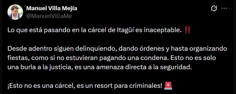 Manuel Villa denunció que delincuentes siguen delinquiendo y gozando de privilegios como licor y trabajadoras sexuales en la cárcel de Itagüí - crédito @ManuelVillaMe / X