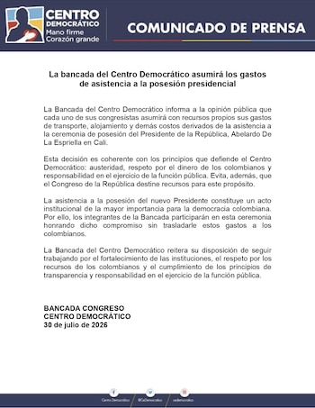 Centro Democrático confirmó que sus congresistas asumirán costos de desplazamiento a Cali