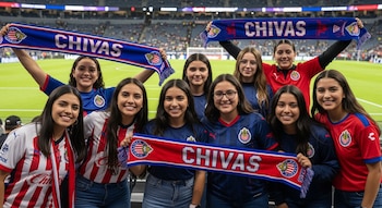 Nueve mujeres jóvenes sonríen en un estadio de fútbol. Varias visten camisetas de Chivas y sostienen bufandas azules con la palabra 'CHIVAS'.