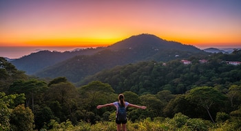 Vista aérea de una mujer de espaldas con mochila y brazos abiertos, contemplando un atardecer vibrante sobre montañas verdes y frondosas en Costa Rica.