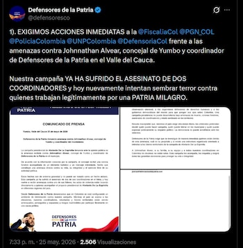 Defensores de la Patria exige a entidades estatales, como la Fiscalía y la Policía Nacional, garantías inmediatas para la protección de los líderes amenazados - crédito @defensoresco / X