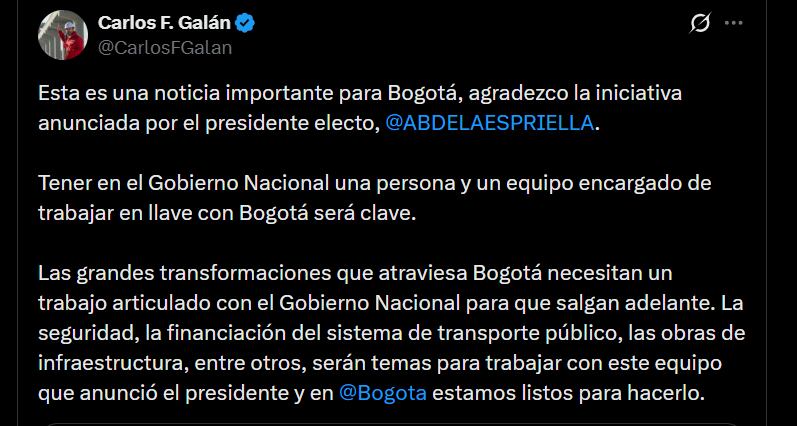 Carlos Fernando Galán respaldó la figura del gerente de Bogotá y afirmó que será clave para coordinar seguridad, transporte público y obras de infraestructura - crédito @CarlosFGalan/X